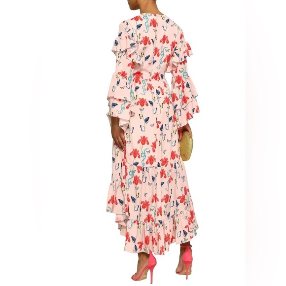 Borgo de Nor Luna Asymmetrical Printed Crepe de Chine Midi Dress in Light Pink - Picture 2 of 11